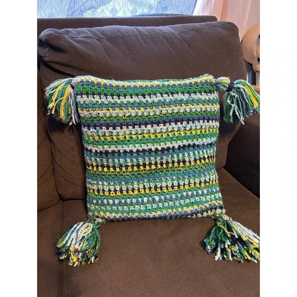 Handmade crochet throw pillow stripes tassels grannycore boho vintage blue green